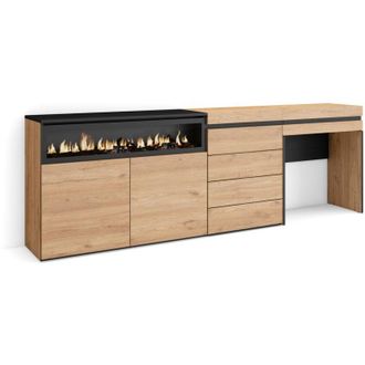 Skraut Home Credenza, Mobile, Buffet, Stoccaggio, 227x75x35 cm, Camera da letto, stanza, Camino elettrico, Cassettiera, Tavolo da toeletta, Stile moderno, Rovere