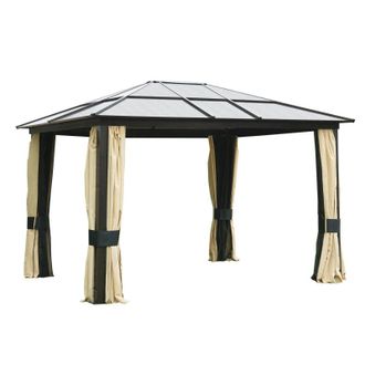 OUTSUNNY 3 x 3.6(m) Hardtop Gazebo Canopy with Polycarbonate Roof and Aluminium Frame - Garden Pavilion with Mosquito Netting and Curtains - Brown |