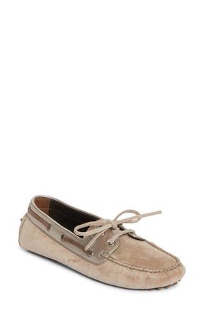 Brunello Cucinelli Monili Trim Metallic Leather & Suede Driving Shoe in Light Brown at Nordstrom, Size 9Us