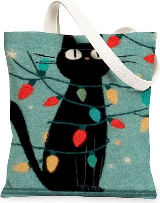 Generic Christmas Cat Canvas Tote Bags, Cute Feline Design, Reusable Grocery Bags, Vintage Lightweight Washable Shoulder Strap Canv, Black, 13x15 Inch