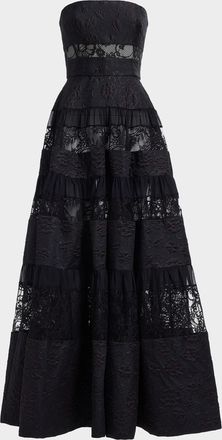 Elie Saab Strapless Floral Brocade Tiered Lace-Inset Gown