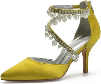 Generic Wedding Bridal Shoes Womens Pumps Pointed Toe Stiletto Heel Wedding Party Dress High Heels Shoes Bridal Pumps 8Cm,Yellow,10 UK
