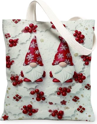 Generic Christmas Gnome Canvas Tote Bags, Holiday Pattern Reusable Bags, Vintage Lightweight Washable Canvas for Outdoor Travel Bea, Red, 13x15 Inch