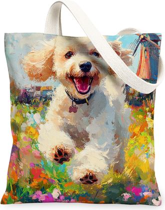 Generic Spring Poodle Dog Canvas Tote Bag for Shopping 13x15, Country Garden Puppy Reusable Grocery Print Pattern Bag for Women, Fun Flower Pet Beach Aestheti