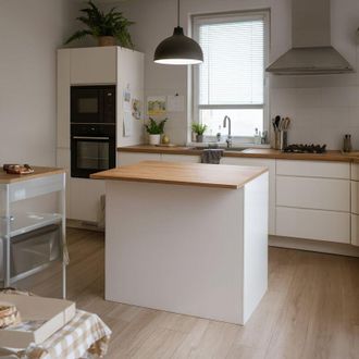 Dmora Isla De Cocina Emmanuel, Mesa Auxiliar De Almacenaje, Mueble De Cocina Con 2 Puertas, 100% Made In Italy, 125x90h90 Cm, Blanco Brillo Y Roble, Con Emb