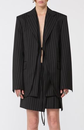 Sportmax Divina Pinstripe Stretch Wool Blend Inset Front Jacket in Black at Nordstrom, Size 14