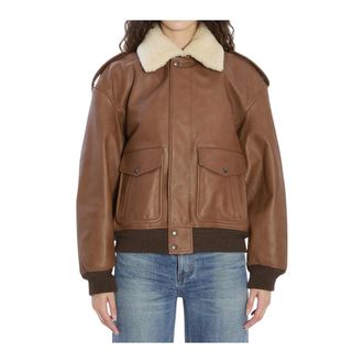 Saint Laurent Shearling-collar Bomber Jacket - female - Saint Laurent - Leather Jackets - Brown - S - Jackets