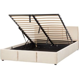 Beliani Modern Upholstered Ottoman Storage Bed EU Double Size Velvet Light Beige Bousse