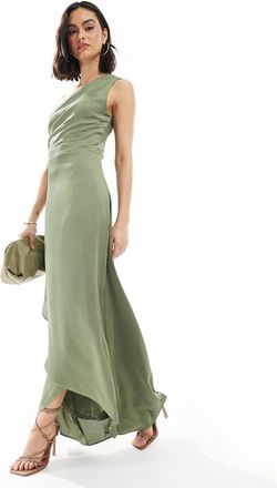 Tfnc Bridesmaid one shoulder satin maxi dress with wrap skirt in dark green