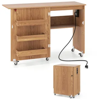Costway Costway Mobile Per Macchina Da Cucire Pieghevole, Tavolo Da Cucito Con Stazione Di Ricarica, Ruote Bloccabili, Ripiano E Contenitori (legno, 116 X 41 