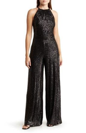 Max Studio Sequin Halter Wide Leg Jumpsuit in Black at Nordstrom Rack, Size Medium