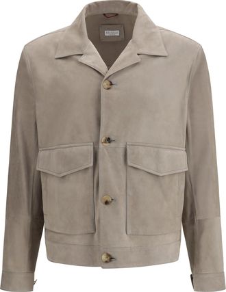 Brunello Cucinelli Mens Suede Jacket Khaki Calf Leather Padded & Down