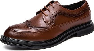 Generic Shoes Dress Oxford for Men Lace Up Burnished Toe Brogue Embossed PU Leather Block Heel Low Top Non Slip Business(Brown,6.5 UK)