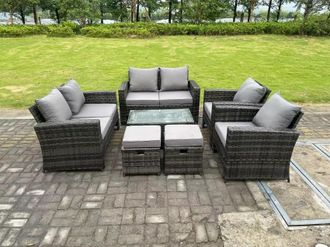 Fimous 8 Seater Dark Grey Mixed High Back Rattan Sofa Set Coffee Table Garden Furniture Outdoor Patio 2 Stools