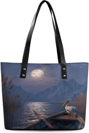Generic Beach Boat Moon Pelicansbird Tote Bags for Women Cute Shoulder Purses Handbags