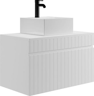 Vente-Unique Mueble de baño suspendido blanco con lavamanos cuadrado sobre encimera - 80 cm - SATARA