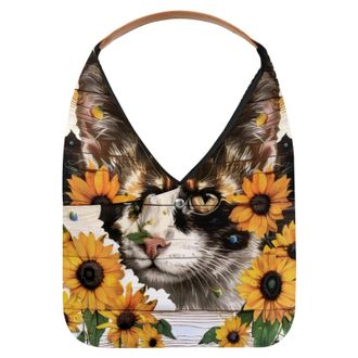 Generic Cat Sunflower Wooden Board Painting Reusable Lightweight Grocery Bags - Foldable Into Compact Pouch, Washable & Sturdy, Multipurpose for Shopping and 