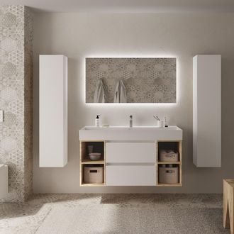 Cygnus Bath Mueble Ba&ntilde;o Bequia 120 Cm Blanco Y 2 Coquetas Laterales Roble Con Lavabo