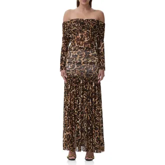 AFRM Emmeline Leopard Print Off the Shoulder Maxi Dress in Winter Animal at Nordstrom, Size X-Small