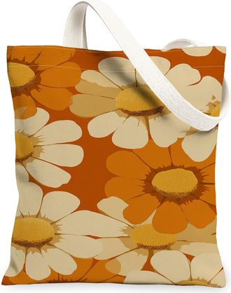 Generic Floral Canvas Tote Bags, Chrysanthemum Pattern Reusable Grocery Bags, Autumn Lightweight Washable Shoulder Strap Canvas for, Orange, 13x15 Inch