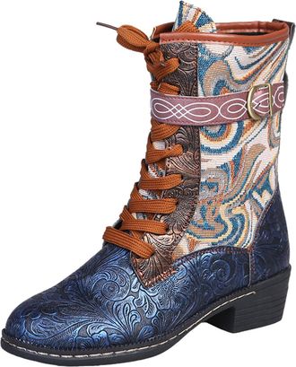Generic Winter Embroidery Ankle Boots for Women Lace Up Retro Square Toe Block Heel Printed Bohemian Casual Footwear (Blue, 4. 5)