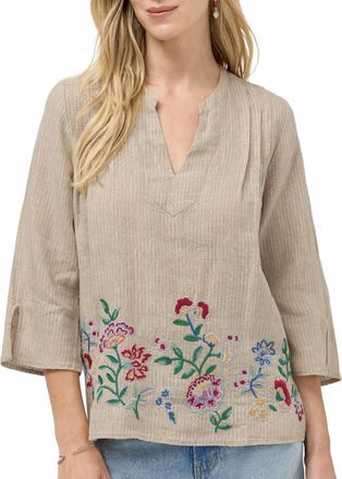 Johnny Was Sloane V-Neck Linen Blouse In Jute Stripe