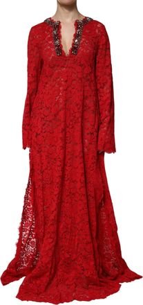 Dolce & Gabbana Womens Red Floral Lace Rhinestone Embellished Dress Cotton Viscose Nylon