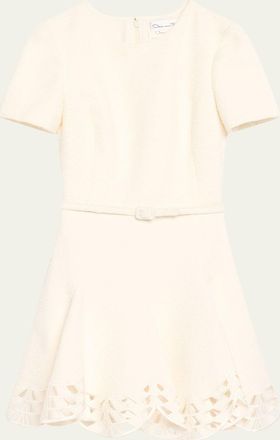Oscar De La Renta Short-Sleeve Cutout-Hem Tweed Mini Dress With Belt