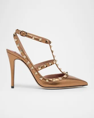 Valentino Garavani 100mm Rockstud Metallic Leather Ankle-Strap Pumps