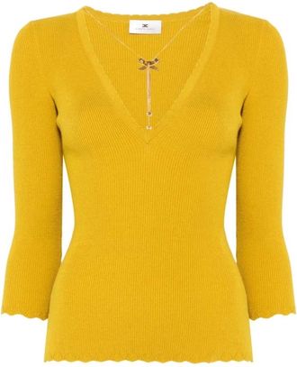 Elisabetta Franchi Truien & Vesten, Dames, Geel, L, Groene Pistache V-hals Trui