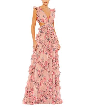 Mac Duggal Ruffled Cut Out Cap Sleeve V-Neck Chiffon Gown
