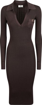 Elisabetta Franchi Fitted Ribbed Midi Dress with Deep V-Neckline and Classic Collar