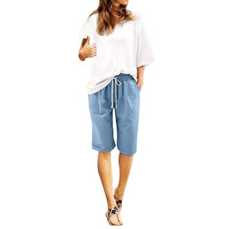 Generic Womens Shorts Pants Trousers Casual Office Lunch High Waisted Cotton Linen Cropped Capri Jeans Summer Elastic Waist with Pockets Light Blue
