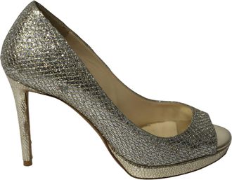 Jimmy Choo London Metallic Luna Open Toe Pumps in Gold Leather