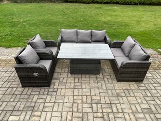 Fimous Rattan Outdoor Garden Furniture Sets Height Adjustable Rising lifting Dining Table Reclining Chair Sofa Set Dark Grey Mixed