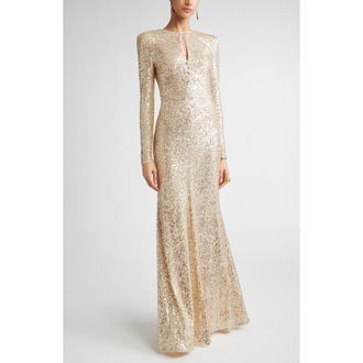 St. John Long Sleeve Sequin Stretch Knit Gown in Ecru/Gold at Nordstrom, Size 8