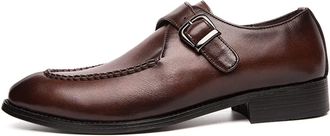 Generic Dress Oxford for Men Slip On Monk Strap Split Toe Burnished Toe Vegan Leather Slip Resistant Anti-Slip Block Heel Walking(Brown,6.5 UK)