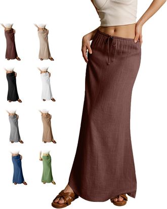 Generic 2025 Summer Linen Maxi Skirts for Women, Cute Vacation Boho Long Flowy Skirts, Comfy Drawstring Waist A Line Skirts (Brown,XXL)