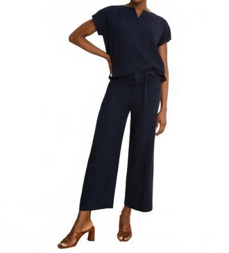Nic+Zoe Eliot Wide Leg Rumba Linen Belted Crop Pants In Dark Indigo