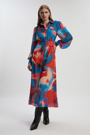 Karen Millen Womens Georgette Belted Blur Print Woven Shirt Dress - Multicolour - Size 10 UK