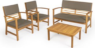 Jonathan Y Designs Barclay 4-Piece Modern Coastal Acacia Wood Conversation Outdoor Patio Set with Cushions, Navy/Teak Brown