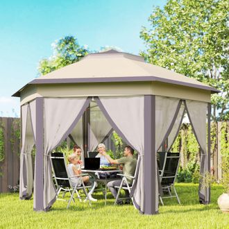 OUTSUNNY 3x4m Hexagon Gazebo w/ Metal Frame Mesh Curtains Outdoor Garden in Beige