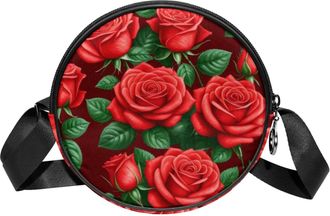 Generic Circle Crossbody Bag for Women, Red Roses Small Sling Bag Daypack with Zipper Adjustable Shoulder Straps Casual Ladies Girls Round Purse