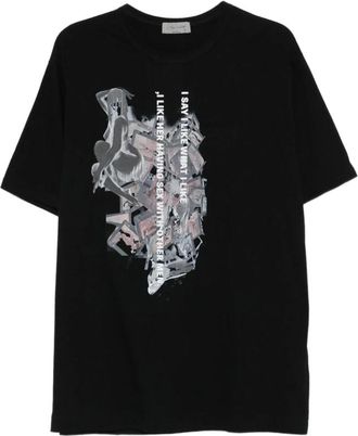 Yohji Yamamoto Tops, Heren, Zwart, L, Katoen, Zwart Grafisch Print Katoenen T-shirt