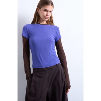 Topshop Sheer Rib Double Layer Long Sleeve Top in Purple at Nordstrom, Size X-Small