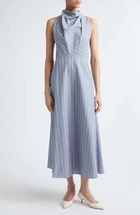 Lela Rose Striped Heathered Cotton & Linen Draped Halter Dress in Bluebell at Nordstrom, Size 10