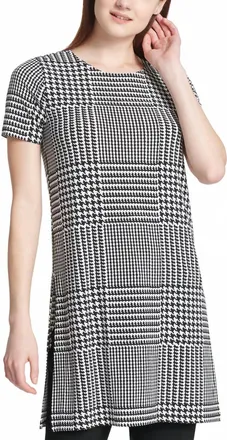 Calvin Klein Short Sleeve Slit Tunic In Black/white Plaid