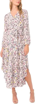 Vince Camuto Floral Long Sleeve Asymmetric Hem Dress in Birch at Nordstrom, Size X-Large