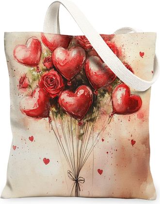 Generic Valentines Day Heart Balloon Canvas Tote Bags, Romantic Floral Design Reusable Grocery Bags, Lightweight Washable Shoulder Strap Canvas for Outdoor Tr