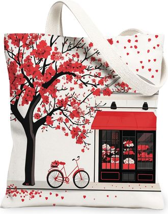 Generic Floral Canvas Tote Bags, Artistic Flower Pattern Reusable Grocery Bags, Vintage Lightweight Washable Shoulder Strap Canvas for Spring Outdoor Travel B